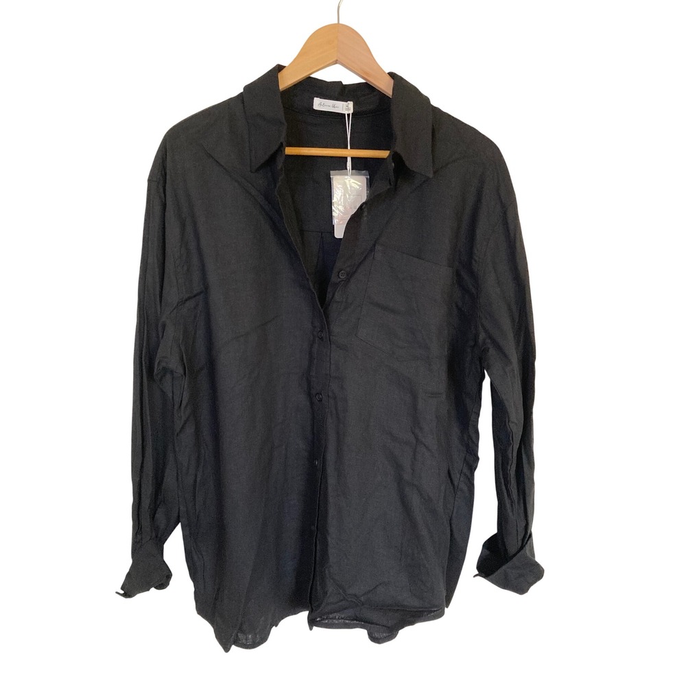 Active USA Black Linen Blend Button Down Shirt Long Sleeve T74227 Womens XL NEW